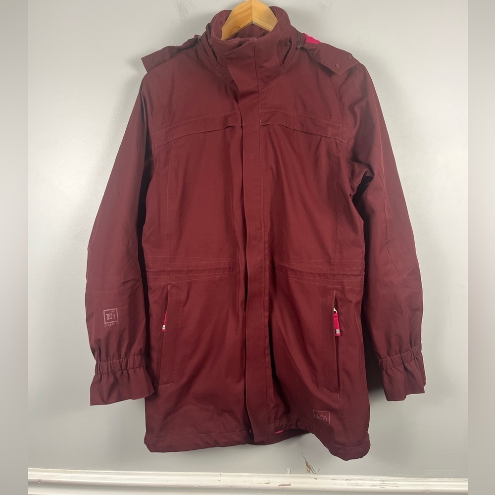 REI E1 Elements Burgundy Long Rain Coat detachable hood size medium